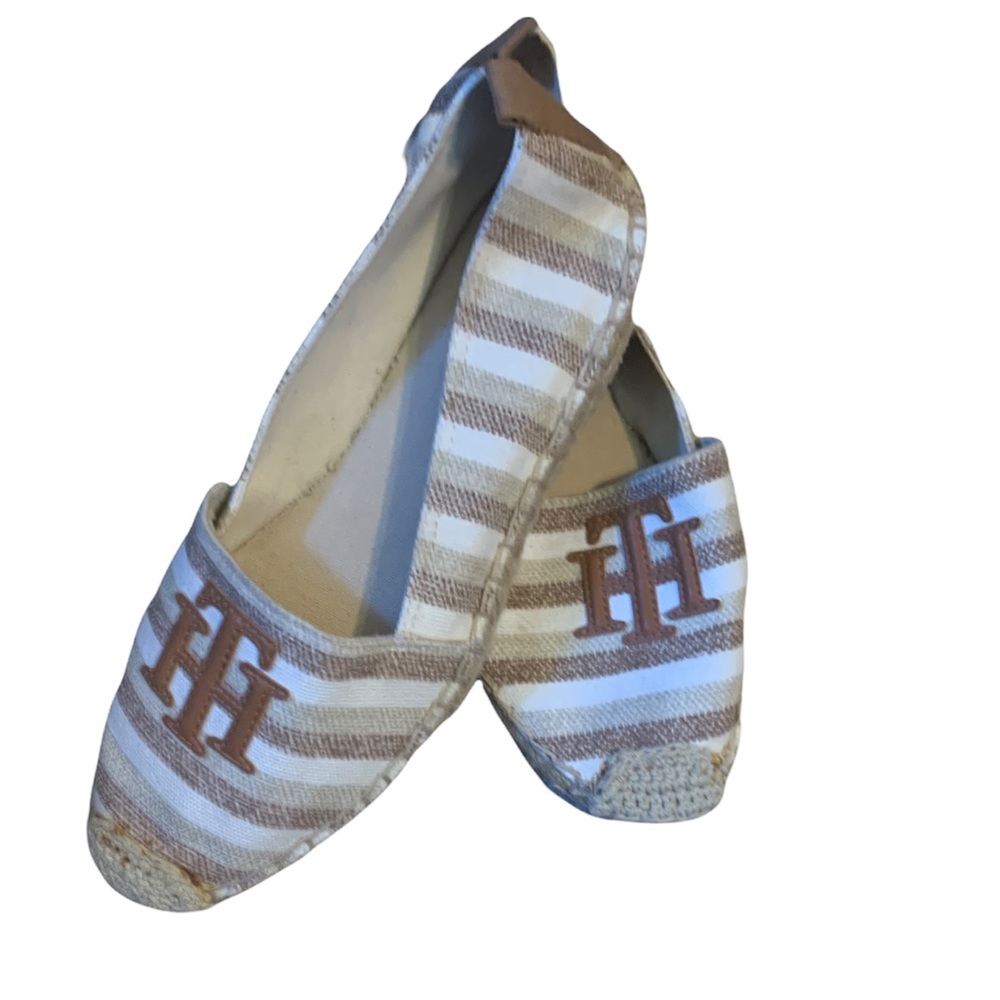 Tommy Hilfiger Tan and White Striped Espadrilles with Logo